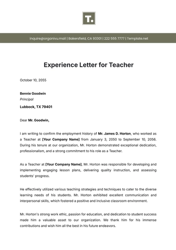 Free Experience Letter for Teacher Template to Edit Online