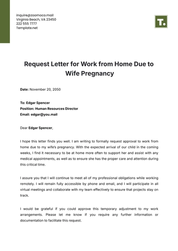 Free Request Letter for Work from Home Due to Wife Pregnancy Template to Edit Online