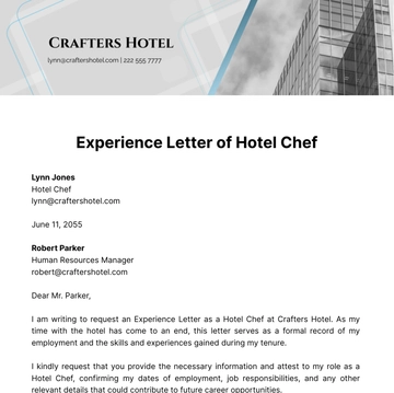 Free Experience Letter of Hotel Chef   Template to Edit Online
