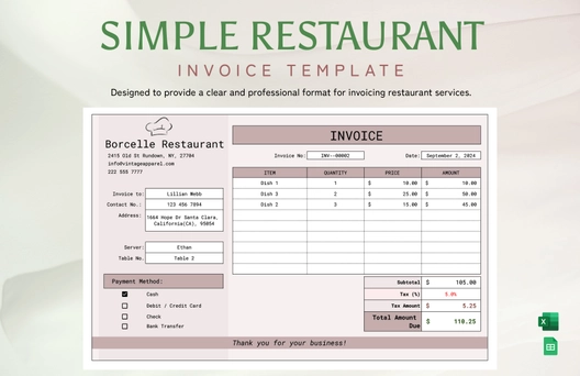 Simple Restaurant Invoice Template