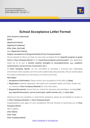 Free School Acceptance Letter Format to Edit Online