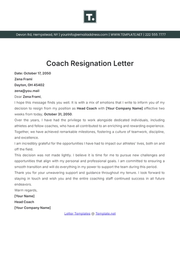 Free Coach Resignation Letter Template to Edit Online