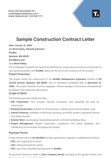 Free Sample Construction Contract Letter Template to Edit Online