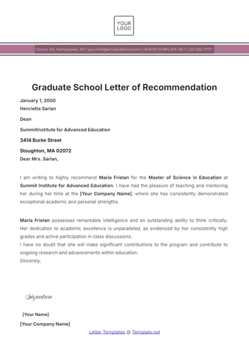 Free Graduate School Letter of Recommendation Template to Edit Online