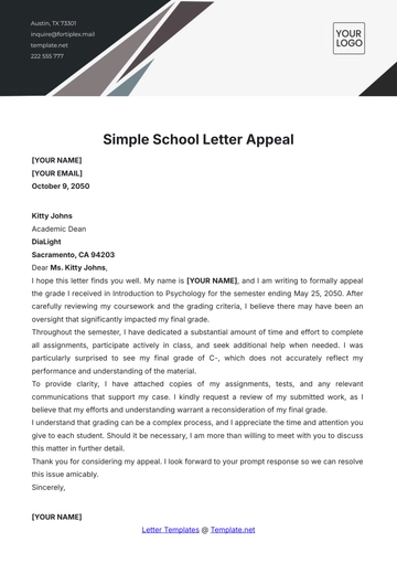 Free Simple School Appeal Letter Template to Edit Online