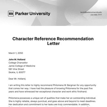 Free Character Reference Recommendation Letter Template to Edit Online