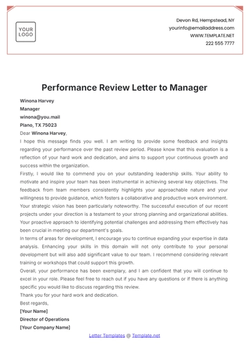 Free Performance Review Letter to Manager Template to Edit Online