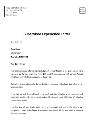 Free Supervisor Experience Letter Template to Edit Online