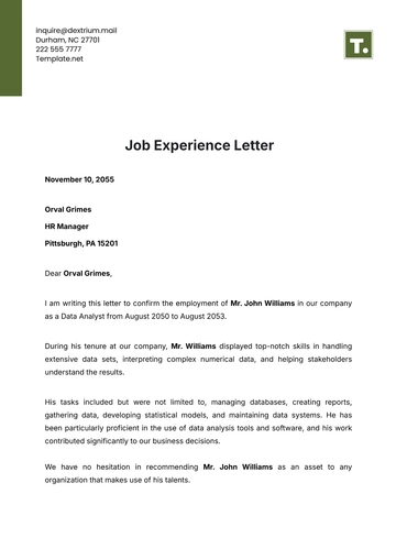 Free Job Experience Letter Template to Edit Online