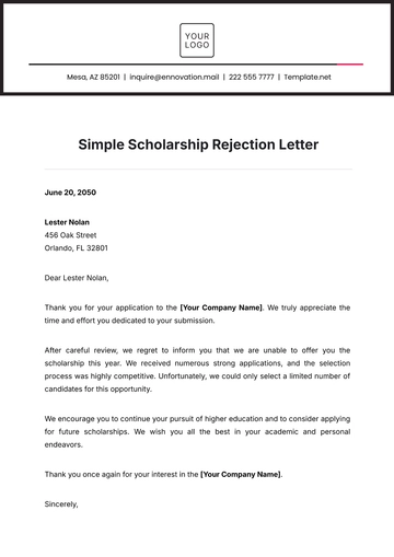 Free Simple Scholarship Rejection Letter Template to Edit Online
