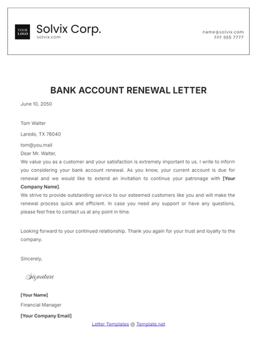 Free Bank Account Renewal Letter Template to Edit Online
