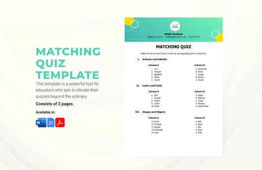 Matching Quiz Template Matching Quiz Template