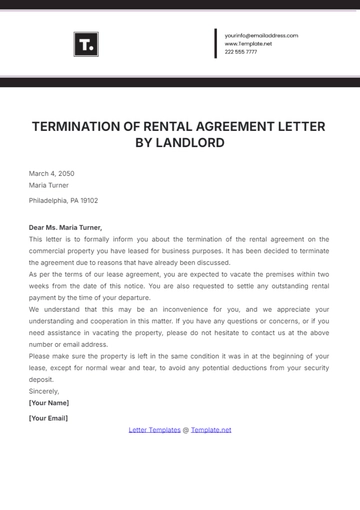Free Termination of Rental Agreement Letter by Landlord Template to Edit Online