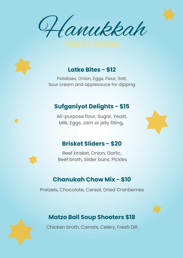 Free Hanukkah Party Menu Template to Edit Online
