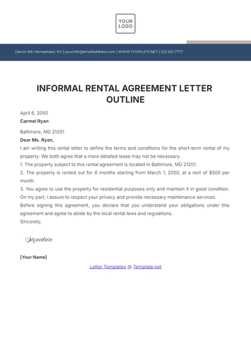 Free Informal Rental Agreement Letter Outline Template to Edit Online