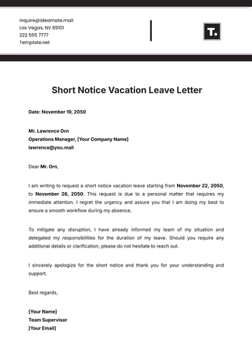 Free Short Notice Vacation Leave Letter Template to Edit Online