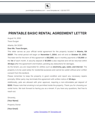 Free Printable Basic Rental Agreement Letter Template to Edit Online