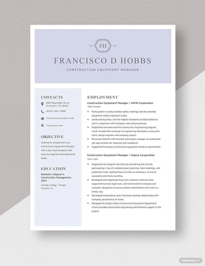 Construction Equipment Manager Resume