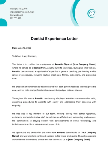 Free Dentist Experience Letter Template to Edit Online