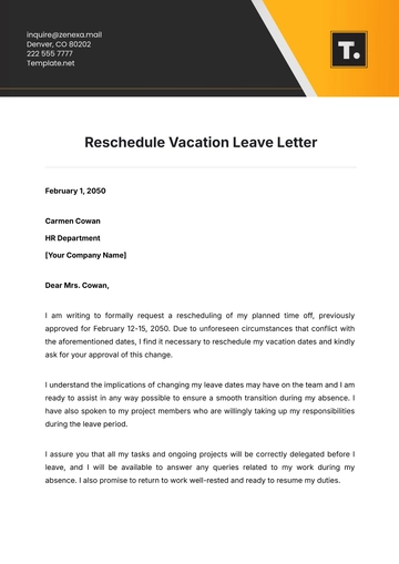 Free Reschedule Vacation Leave Letter Template to Edit Online
