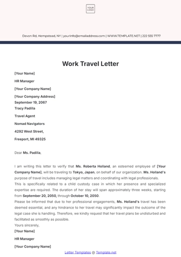 Free Work Travel Letter Template to Edit Online