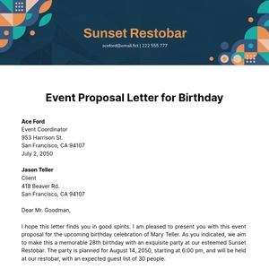 Free Event Proposal Letter for Birthday Template to Edit Online