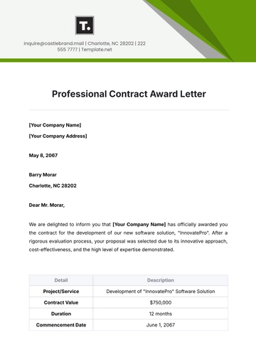 Free Professional Contract Award Letter Template to Edit Online