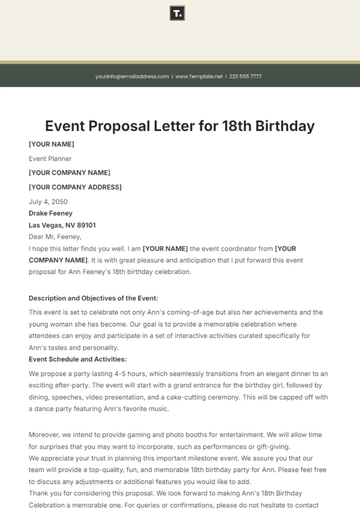 Free Event Proposal Letter for 18th Birthday Template to Edit Online