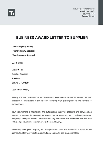 Free Business Award Letter to Supplier Template to Edit Online