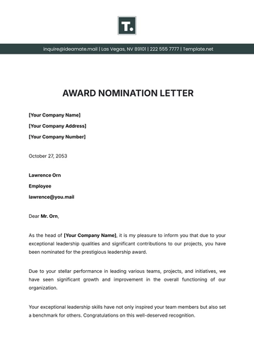 Free Award Nomination Letter Template to Edit Online