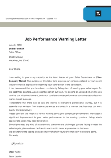 Free Job Performance Warning Letter Template to Edit Online