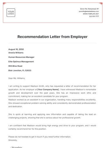 Free Recommendation Letter from Employer Template to Edit Online
