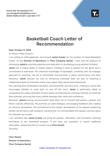 Free Basketball Coach Letter of Recommendation Template to Edit Online