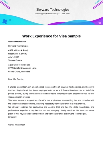 Free Work Experience for Visa Sample Template to Edit Online
