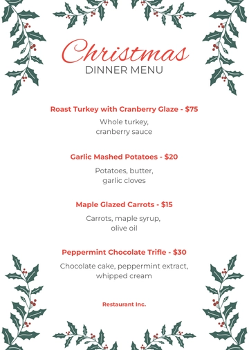 Free Christmas Dinner Menu Template to Edit Online