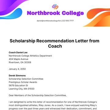 Free Scholarship Recommendation Letter from Coach Template to Edit Online