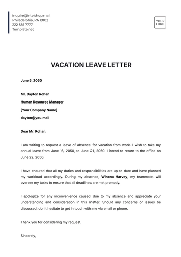 Free Vacation Leave Letter Template to Edit Online