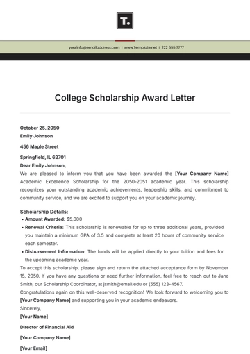 Free College Scholarship Award Letter Template to Edit Online