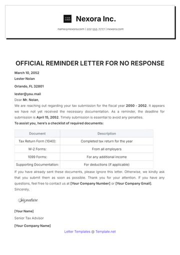 Free Official Reminder Letter for No Response Template to Edit Online