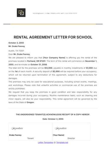Free Rental Agreement Letter for School Template to Edit Online