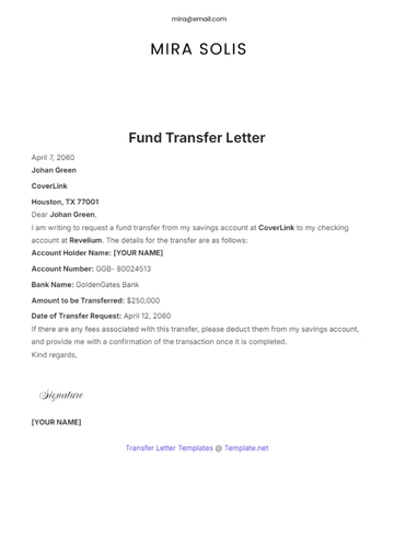 Free Fund Transfer Letter Template to Edit Online