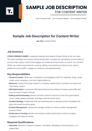 Free Sample Job Description for Content Writer Template to Edit Online