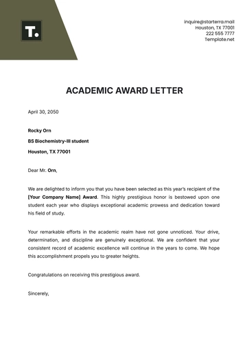 Free Academic Award Letter Template to Edit Online