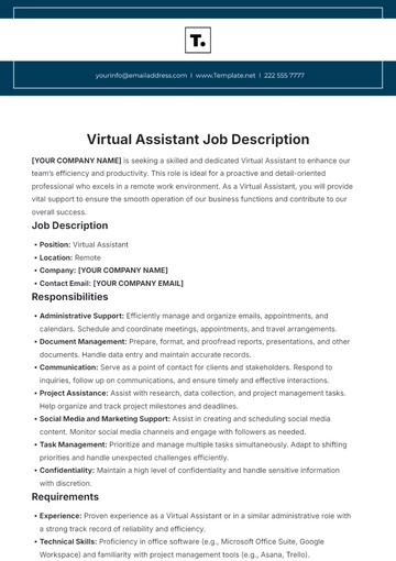 Free Virtual Assistant Job Description Template to Edit Online