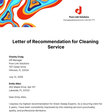 Free Letter of Recommendation for Cleaning Service Template to Edit Online