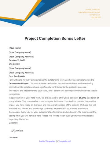 Free Project Completion Bonus Letter Template to Edit Online