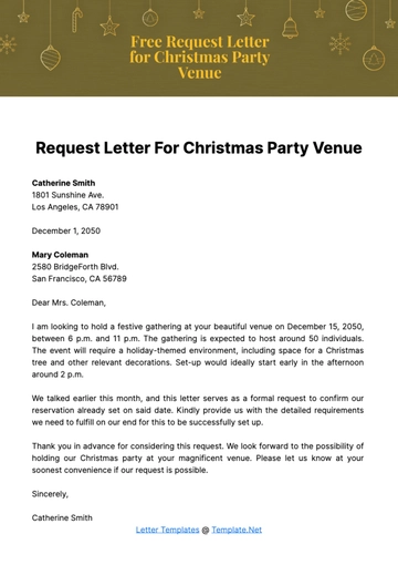 Free Request Letter for Christmas Party Venue Template to Edit Online