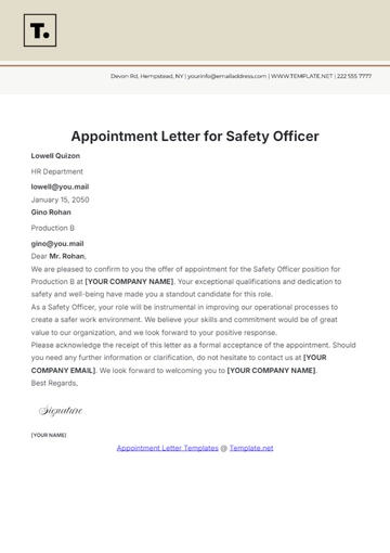 Free Appointment Letter for Safety Officer Template to Edit Online