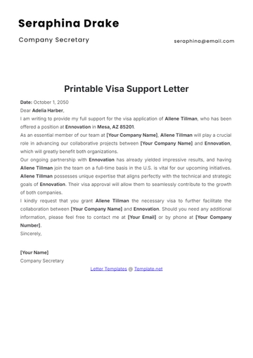 Free Printable Visa Support Letter Template to Edit Online