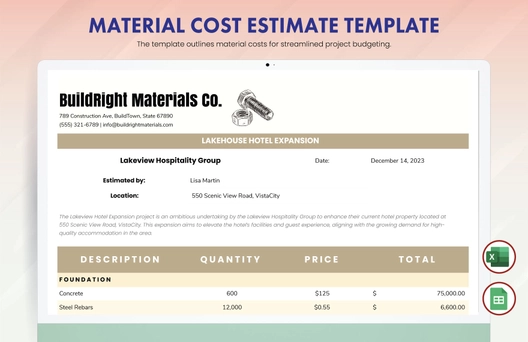 Material Cost Estimate Template
